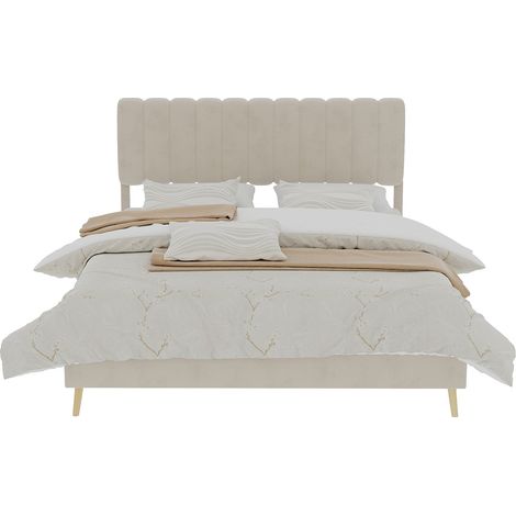 Lit moderne minimaliste rembourré 160×200cm beige,tête de lit moelleuse,base basse sans rangement ni élévateur gaz,lit double sans matelas-De (1/5)