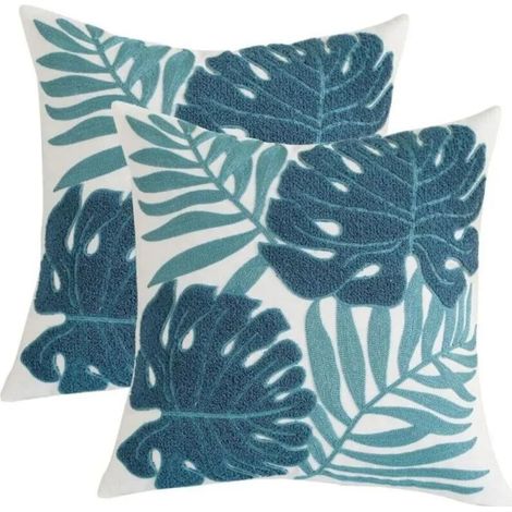 Set mit 2 bestickten Kissenbezügen, 45×45 cm, Blattmuster, für den Innen- und Gartenbereich (1/4)