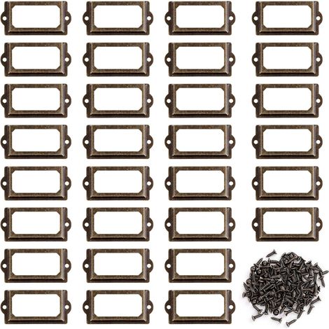 Porte-étiquettes en Métal, 30 Pièces Cadre Étiquette avec Vis, Bronze Rétro Porte Poignée Cadre pour Meubles, Tiroirs, Armoires, Bibliothèque (70 x 33 mm) (1/5)