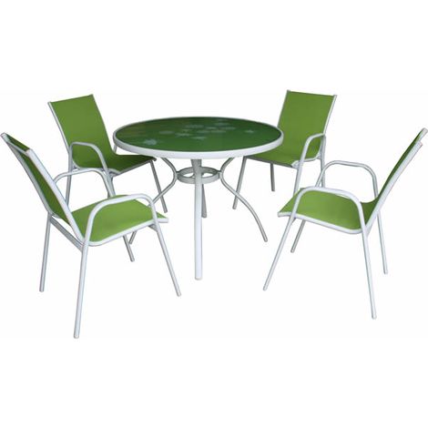 DL mesa 100 cm + 4 sillones africa verde conjunto , Conjunto mesa 100 cm + 4 sillones África verdes. -Fabricados en aluminio de color blanco y textiline verde. -Aptos para exterior