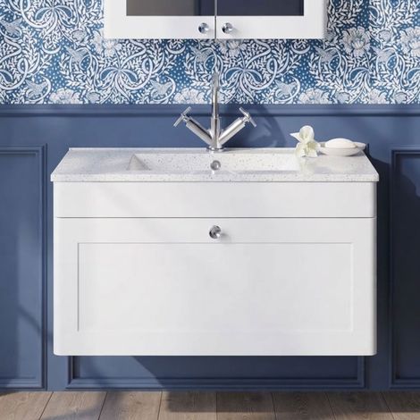 Nuie Classique Wall Hung 1-Drawer Vanity Unit with 1TH Minimalist Basin 800mm Wide - Satin White (1/5)