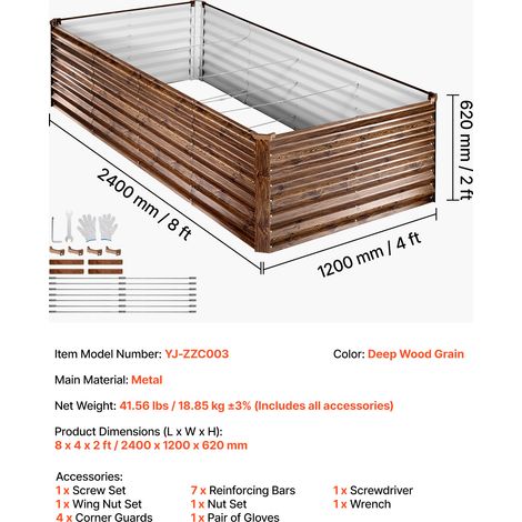 VEVOR Galvanized Raised Garden Bed, 8 x 4 x 2 ft, Rectangular Metal Planter Box Kit Outdoor, Bottomless Elevated Planting Box with Gloves, Alu-Zinc, for Growing Flowers Vegetables, Deep Wood Grain (1/4)