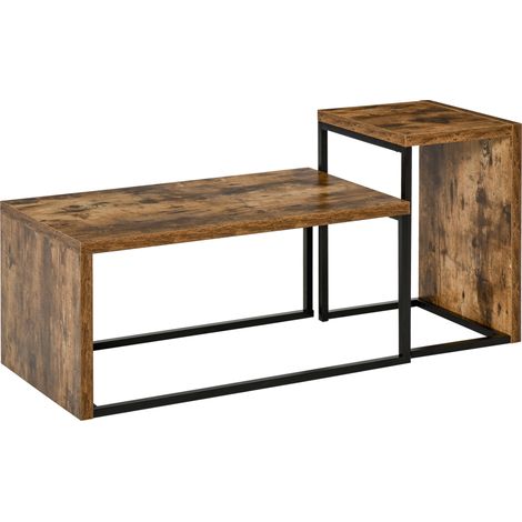 Lot de 2 Tables Gigognes Design Industriel Emboîtables, Grande Table 90 x 48 x 42 cm, Métal Noir Aspect Bois Vieilli (1/5)