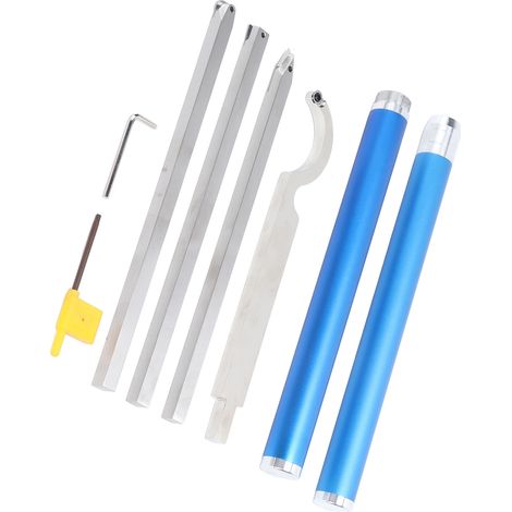 Set aus 8 Drechselwerkzeugen, Wolframkarbid-Einsätzen, Schlicht- und Grobdrehwerkzeug, Griff und Schraubenschlüssel inklusive, Edelstahl. (1/5)
