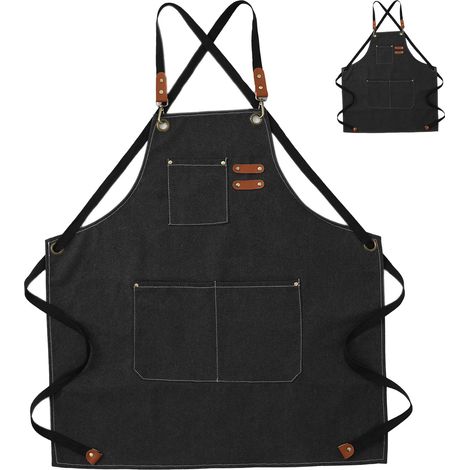 Künstlerschürze aus Baumwoll-Canvas mit abnehmbaren Schultergurten, weich und bequem, doppelt genähte Taschen, Gartenschürze, Schwarz