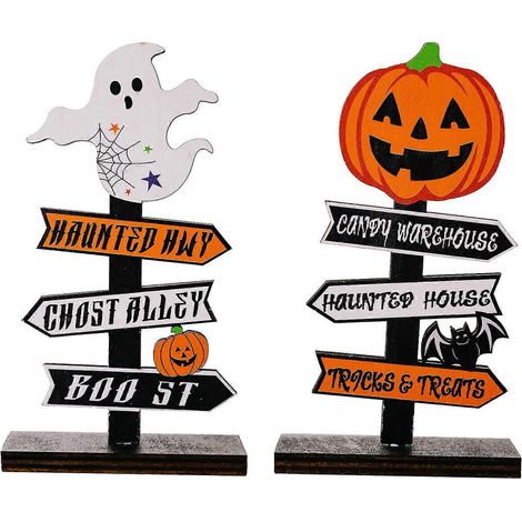 Decoración de mesa de Halloween, adorno de madera de Halloween, soporte para letrero de madera de Feliz Halloween, 14 x 8 cm. (1/4)