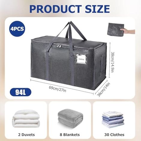 Lot de 4 sacs de rangement pliables de 94 l avec poignée à fermeture éclair - Grands cartons de déménagement - Pour déménagement, camping, literie, vêtements - Gris (1/4)