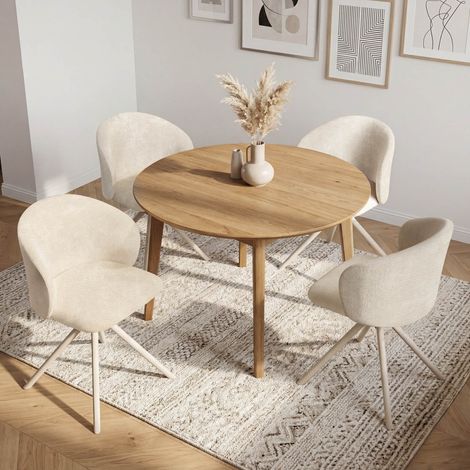 Juego de 4 sillas giratorias KIRA de tela de chenilla beige y base de metal beige para comedor (1/5)
