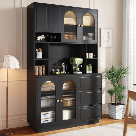 Buffet haut de cuisine 106x30x175 cm,LED multicolore via appli,6 portes à inserts acryliques arqués,3 tiroirs,niches ouvertes,MDF (1/5)