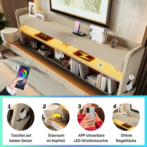 Lit double 160x200cm en lin beige,tête de lit avec USB/Type-C,LED 360° et rangement hydraulique,fourni avec matelas. (1/5)