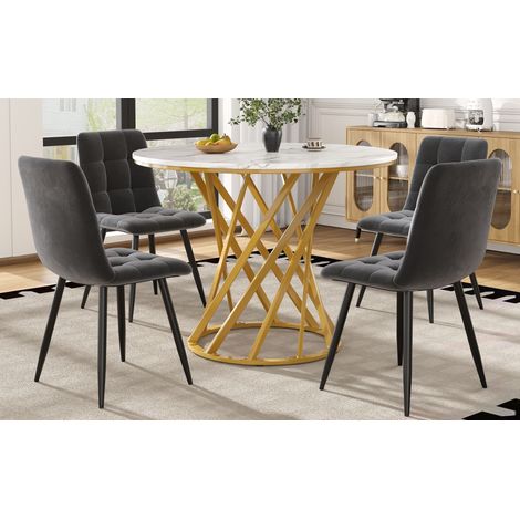 Ensemble repas 5 pièces, table ronde 80 cm et 4 chaises, mobilier cuisine contemporain, table design pieds dorés métal, plateau MDF blanc, chaises velours anthracite. (1/5)