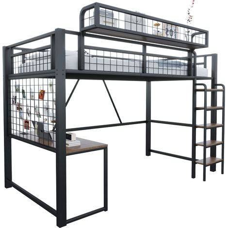 CHICFURN Cama alta metálica 90x200 cm con escritorio, red organizadora, cesta extraíble, LED, enchufe, escalera recta y barandillas de seguridad, negra (1/5)
