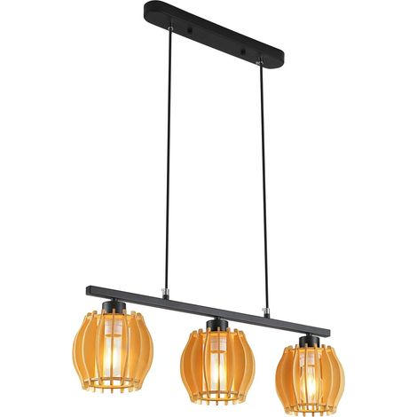Suspension luminaire 3 lumières, lustre salon style lanterne bois, pour table à manger cuisine salle à manger îlot central, ampoules non fournies (1/5)