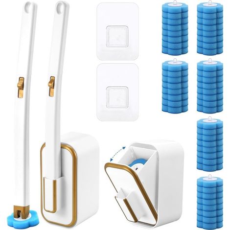 Brosse de Toilette Jetable, avec 48 Recharges Nettoyantes en Mousse, Suspendu Disposable Toilet Brush avec Manche et Support, pour Salle de Bain (1/5)