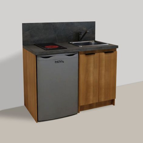 KITCHENETTE MERISIER 120cm + PLAQUE DE CUISSON + REFRIGERATEUR + EVIER + MITIGEUR