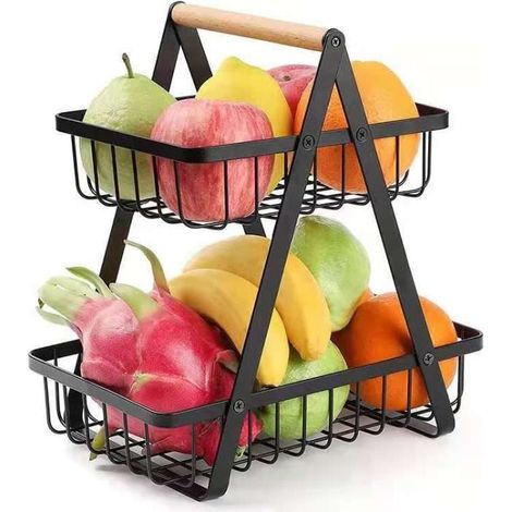 1 panier de rangement en métal, noir, modulable 1 à 2 niveaux, pour fruits et légumes, cuisine et salle de bain