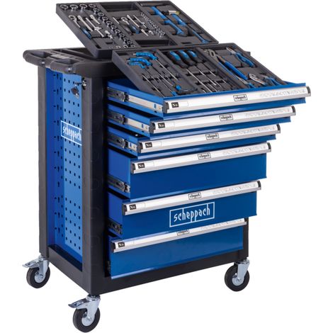 Scheppach Servante d'atelier toute équipée TW1150 - 70 outils - verrouillable - 6 tiroirs - 4 roulettes + freins - pivotant à 360° - 76 x 46 x 96,5 cm (1/4)