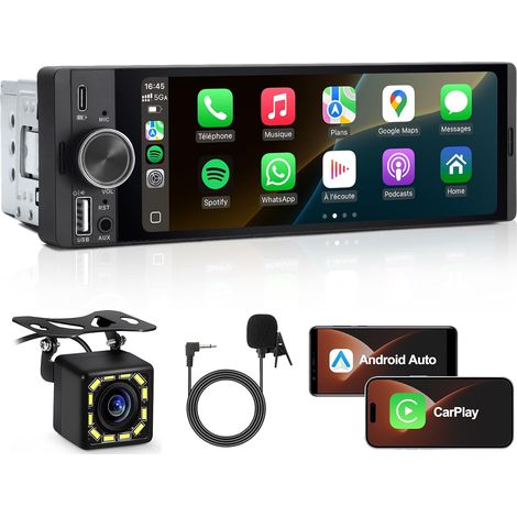 Autoradio 1 DIN, CarPlay e Android Auto wireless, radio Bluetooth con chiamate in vivavoce, touchscreen, navigazione GPS, controllo vocale, AUX/FM, MirrorLink, equalizzatore (schermo da 6,36 pollici e (1/5)