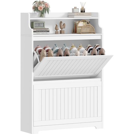 Meuble à Chaussures, Étagère à Chaussures Étroite, 16 Paires, Séparateur Réglable, Meuble de Rangement pour Entrée, Couloir, Chambre, 2 Abattants (80L cm), Blanc (1/5)