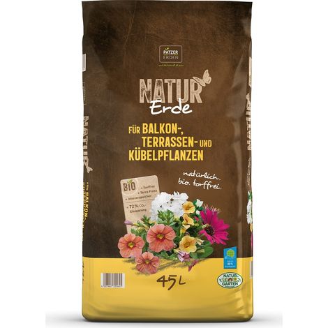 PATZER NATUR Erde BIO für Balkon- Terrassen- & Kübelpflanzen torffrei - 45 Liter