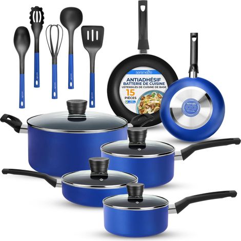 Batterie de Cuisine 15 Pièces Bleue – Casseroles et Poêles Antiadhésives avec Couvercles, Résistantes à la Chaleur, Lave-Vaisselle Inclus, Bleu (1/5)