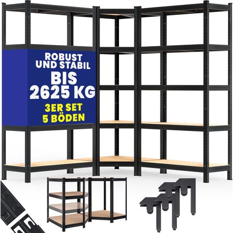 MONZANA® Set di 3 scaffali in metallo scaffalatura ad angolo 2625 kg 15 pannelli in MDF scaffale per magazzini cantine officina ad innesto Black (en)