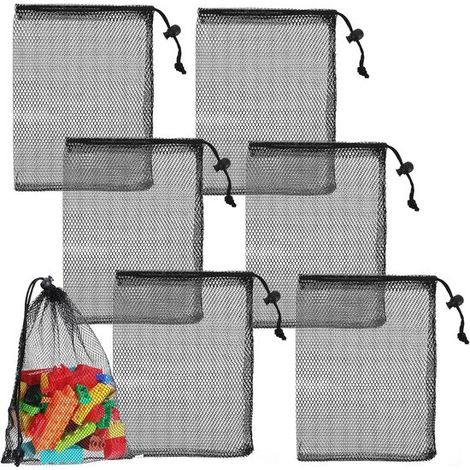 Paquete de 6 bolsas de almacenamiento de malla negra con cordón, 20 x 30 cm, nailon. (1/5)