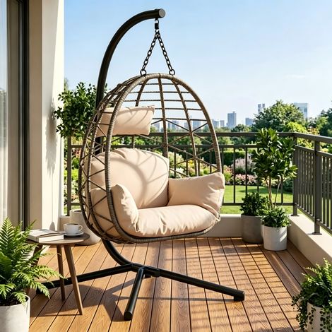 Fauteuil Suspendu En Rotin Avec Structure En MéTal – Pliable, Housse Noire – Fauteuil à Bascule OvoïDe Pour L'ExtéRieur Et L'IntéRieur Du Jardin