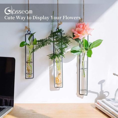 Lot de 3 - Glass Hanging Planter Terrarium Or Iron Art Hydroponic Test Tube Vase Avec Twine Corde - Small + Medium Large - Flower Eau Container - Noir (1/5)