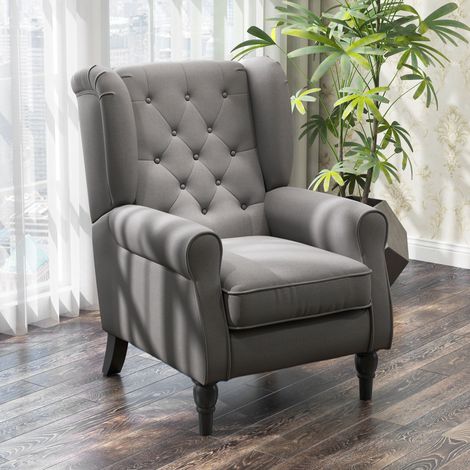 Fauteuil de chambre de style français avec assise large, capitonné, avec accoudoirs et rembourrage, pieds en bois, pour salon et bureau, gris foncé