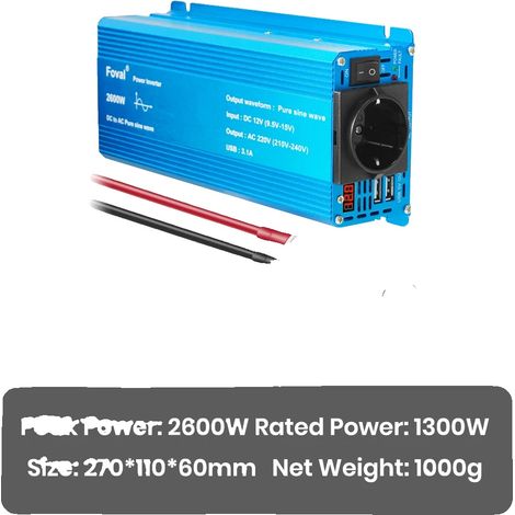 Inversor de potencia, 1300 W de potencia continua, salida de onda sinusoidal pura, 2600 W - 12 V 220 V (1/2)