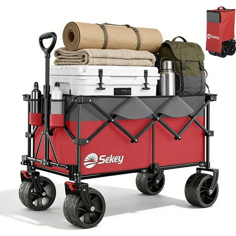 Sekey XXL Plus Faltbarer Bollerwagen Breite Reifen Handwagen Faltbollerwagen – 200 L Volumen, bis 200 kg belastbar, All-Terrain-Räder, Grau und Rot