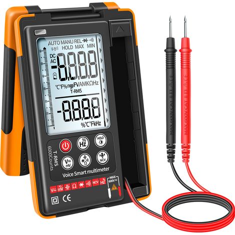 Multímetro digital Q60S con control por voz, TRMS de 6000 cuentas, mide voltaje, corriente, resistencia, capacitancia, temperatura, diodos, NCV, continuidad, linterna incorporada. (1/5)