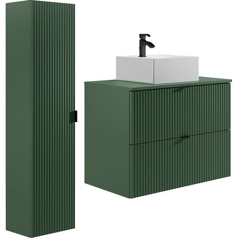 Mobile per bagno sospeso con scanalature con lavabo da appoggio quadrato e colonna - Verde opaco - 80 cm - ZEVINI (1/5)