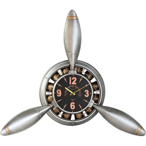 Horloge murale avion style vintage métal argent et doré - argent vieilli touches dorées et noires (1/4)