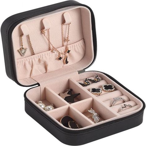 Boite A Bijoux - 10 x 10 x 5 cm - En Pu Cuir Et Velours Interieur - Pour Bagues Colliers Boucles D Oreilles Bracelets - Noir - 1 Piece (1/5)