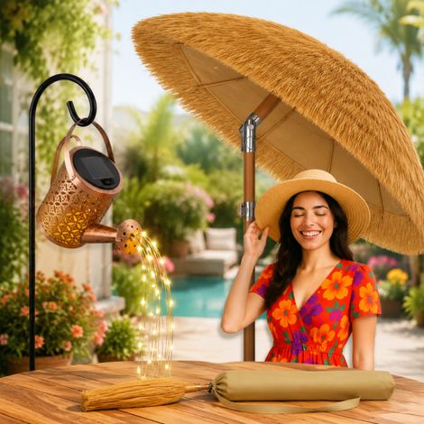 Conjunto compacto de jardín solar (2 piezas): regadera con lámpara solar y sombrilla de jardín de 170 cm. (1/5)
