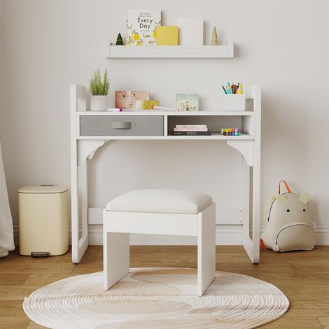 Bureau Enfant avec Chaise, Table Enfant Et Chaise avec 2 Tiroirs, Table pour l'étude, Le Travail Et l'écrire, Cadeau pour Garçon Fille 3-8 Ans, 86x46x80CM, Blanc (1/5)
