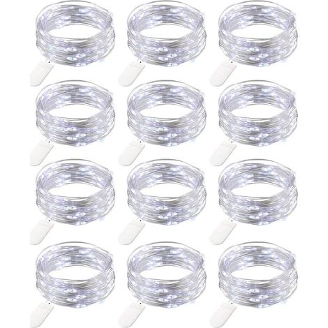 12 Pieces Battery Operated Micro String Lights, 20 LEDs Copper Wire Lights, 2 Meters Battery Operated Mini LED String Lights for Birthday Party Wedding Holiday Outdoor Indoor Decor, Cool White (1/5)