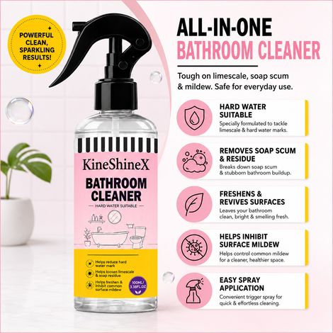 KineShinex Badezimmer-Entkalkungsspray, speziell entwickelt für Gebiete mit hartem Wasser, entfernt Kalkablagerungen und Seifenreste. (1/5)