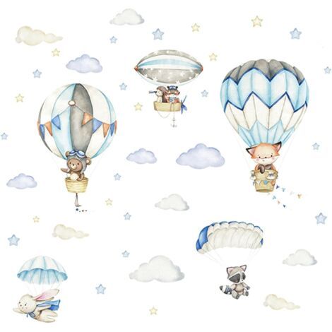 1 Satz Tiermotiv Heißluftballon Wandaufkleber, Wandsticker, Tiermotive mit Heißluftballons, Wandtattoos, Heißluftballons für Kinderzimmer, Babyzimmer Dekoration (1/5)