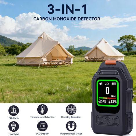 Détecteur de CO Portable 3-en-1 Mini avec Capteur Temp/Humidité, Alarme Visuelle, Lampe Torche et Support Aimanté pour Voyage Camping Voiture