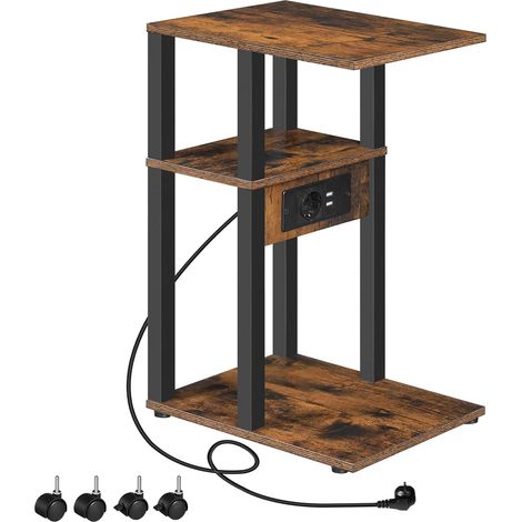 Table d’Appoint, Bout de Canapé avec Station de Charge, Table d’Appoint en Forme de C, Table Basse pour espaces limités, pour Salon, Chambre, Marron Rustique et Noir EBF66CSF01 (1/5)