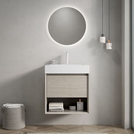 Meuble sous lavabo mural 55 cm, avec vasque rectangulaire intégrée en résine blanche, tiroirs et étagères ouvertes, design moderne, Chêne clair (1/5)