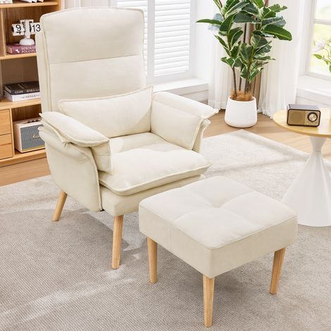 Fauteuil relax modulable livré avec pouf assorti, fauteuil télé confortable rembourré avec pieds en bois naturel beige (1/4)