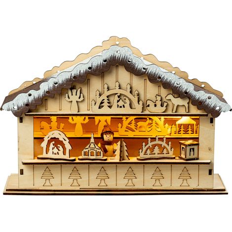 Saico LED-Weihnachtsmarkthütte mit Timer batteriebetrieben Holz 27 cm warmweiß natur Weihnachtsdorf