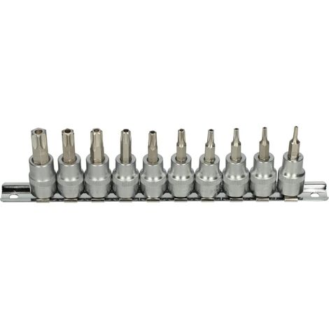 Rail de 10 douilles tournevis torx percé 3/8" T10 - T55
