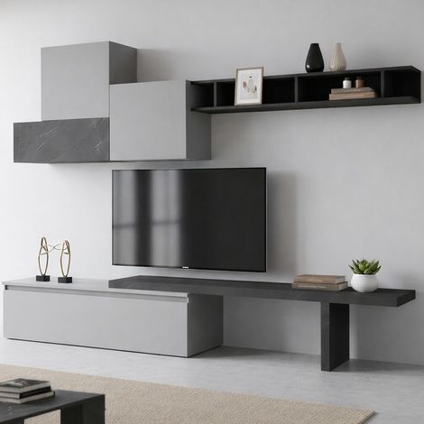 Dmora - Wohnzimmermöbel Larix, Modulares Wohnzimmerset, Mehrzweck-Wohnzimmermöbel, TV-Schrank, Made in Italy, 262x40 h189 cm, Schiefer und Dunkelgrau (1/4)