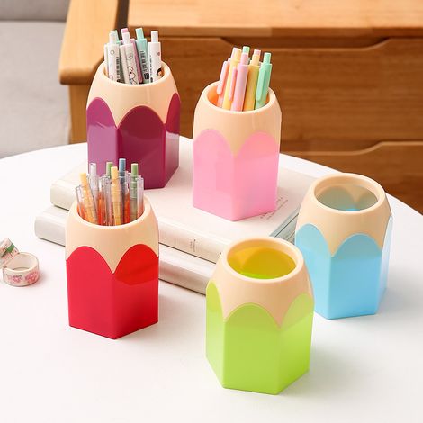 Lot de 5 porte-stylos en forme de crayon, surdimensionné et créatif - Conteneur de rangement de fournitures de bureau rond, multifonctionnel et coloré pour la maison et le bureau (1/5)
