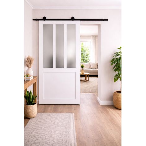 Porta scorrevole da officina bianca in vetro satinato H204 x L83 + guida a rulli nera